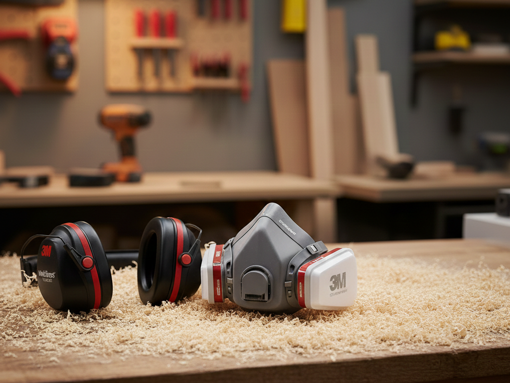 Woodworking safety gear including respirator and hearing protection